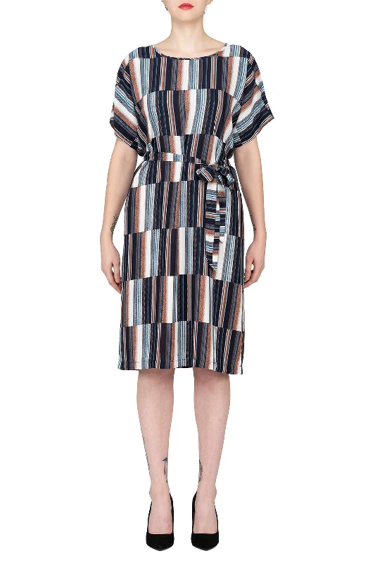 Overstock SCANDINAVIA-Short Sleeve Multicolored Belted Shift Dress