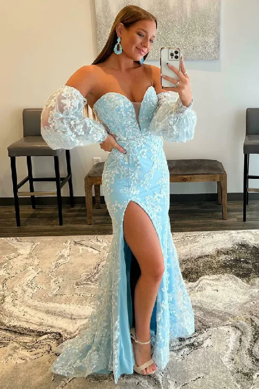 stylish party dressLight Blue Lace Strapless Puff Sleeve Long Prom Dress,DP0105