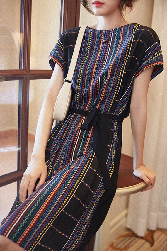 Deal Explosion SCANDINAVIA-Cap Sleeve Color Stripe Belted Shift Dress