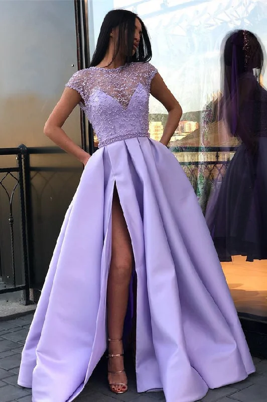 Buy Now Light Purple A Line Satin Slit Cap Sleeves Prom Dresses With Pockets ,DS4467 Buy Now Light Purple A Line Satin Slit Cap Sleeves Prom Dresses With Pockets ,DS4467