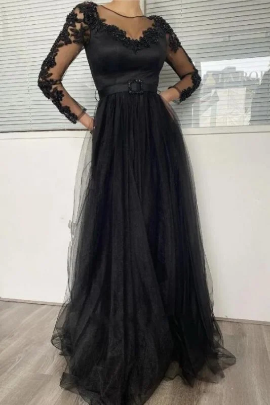 Value Deals Sexy Black Long Sleeves Prom Dress Lace Evening Gowns,DS3731