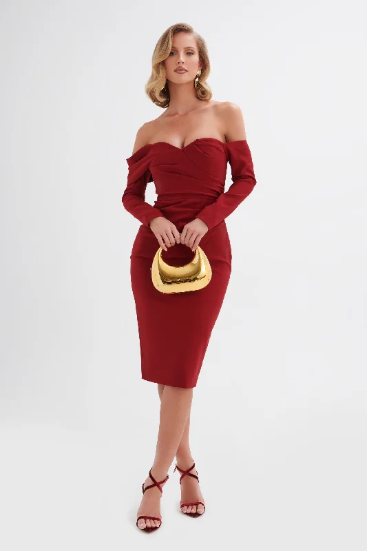 chic wrap dressKIARA Sweetheart Neckline Bardot Midi Dress In Burgundy