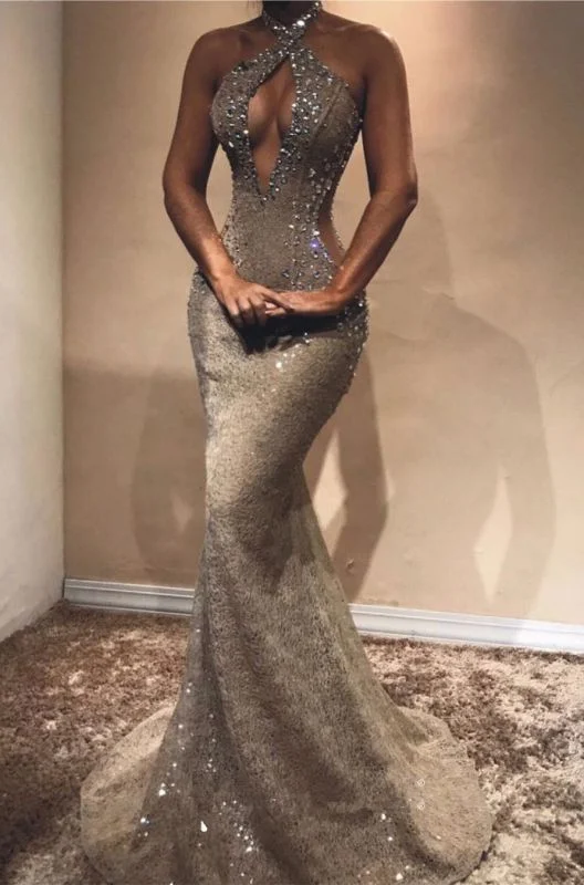 off-the-shoulder dressHalter Open Back Long Prom Dresses Shiny Beads Crystals Mermaid Formal Gowns,DP0115