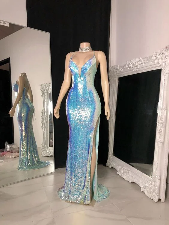 Super Bargain Sexy Backless Sequins Prom Dresses Cheap 2022 Spaghetti Straps Mermaid Sleeveless Evening Gowns,DS4040