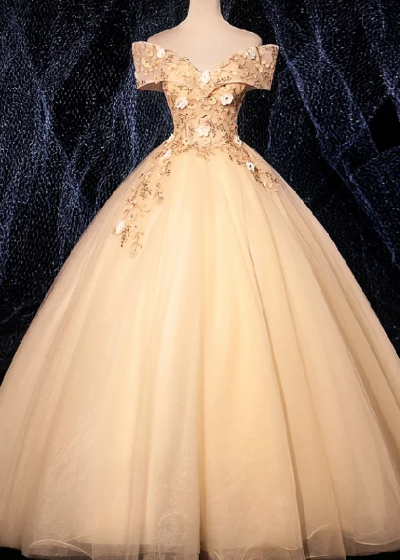 Price Drop Alert CHAMPAGNE V NECK TULLE LACE LONG PROM DRESS CHAMPAGNE EVENING DRES,DS4458