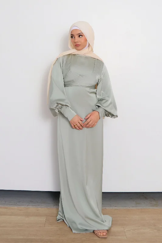 Season Finale Sale Laura Wrap Satin Dress- Sage