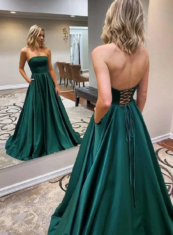 Huge Discounts A Line Satin Strapless Hunter Long Prom Dresses Lace Up With Pockets,DS4085