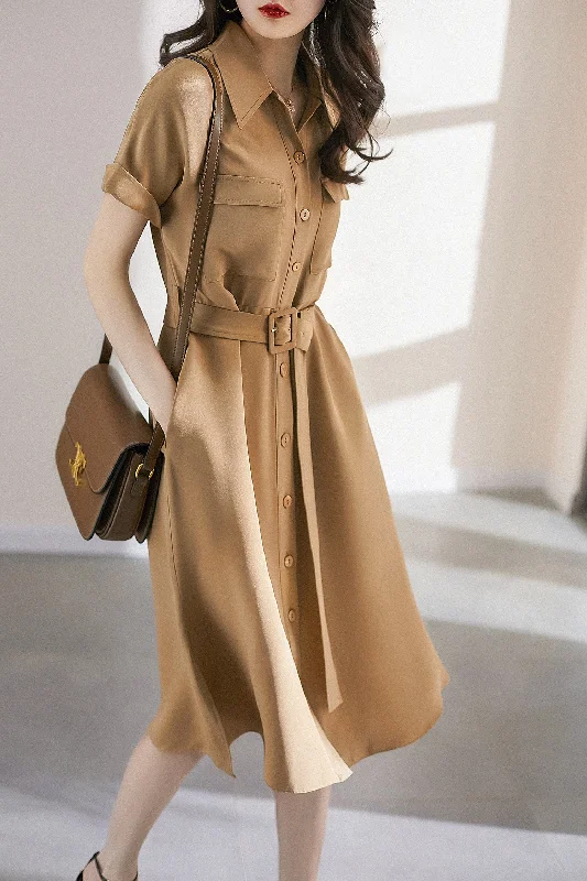 Massive Deals Short Sleeve Work Wear Style Single Breasted Silk Dress