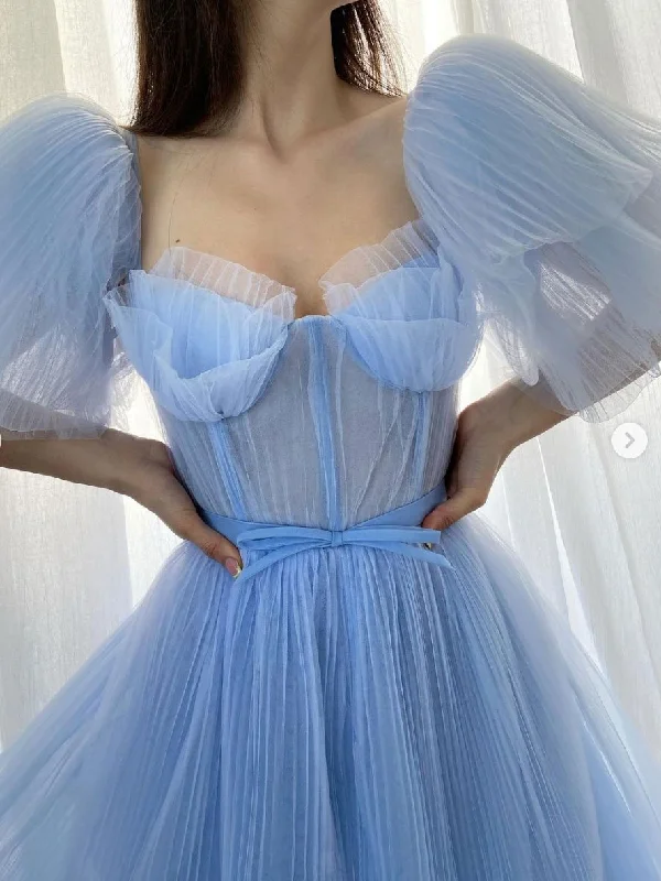 Bonus Savings Blue A-line tulle long prom dress, blue tulle formal dress,DS4405