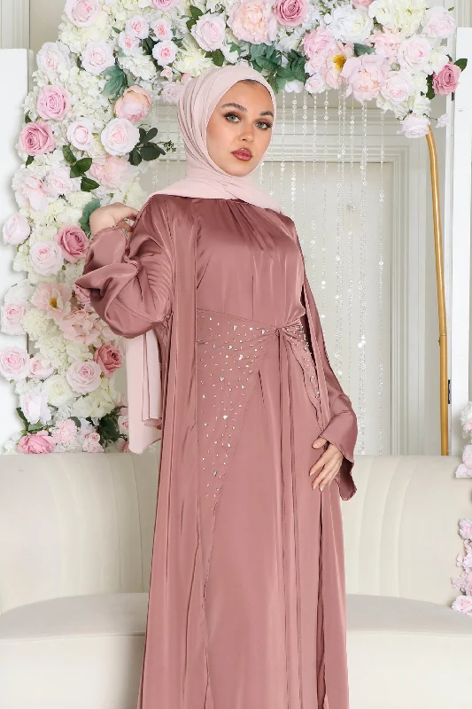 Major Savings Aurora Beaded Tie Abaya Set- Nude Pink