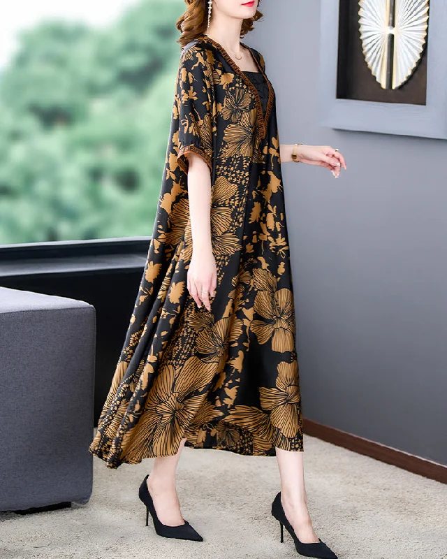 Online Specials Women's summer V-neck loose print fake two piece style dress