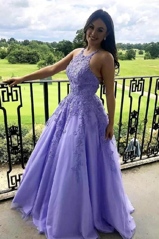 Overstock Sale Purple tulle lace long oprom dress A line evening gown,DS3174