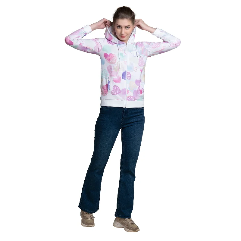 Exclusive Online Offer Hearts Printed Pink Zip-through Hoodie For Women