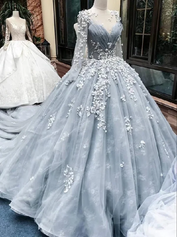 Sale Event Romantic light grey long sleeves floral lace applique ball gown Evening Dress ,DS4388 Sale Event Romantic light grey long sleeves floral lace applique ball gown Evening Dress ,DS4388