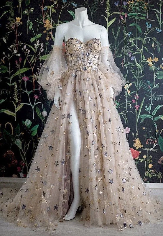 Daily Deals Sweetheart Champagne Tulle Bubble Sleeves Long A Line Prom Dress Beaded Evening Dress ,DS4573