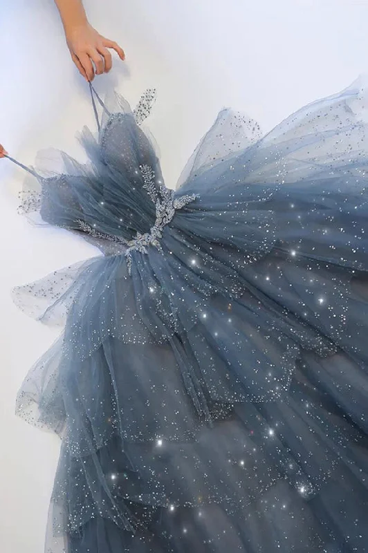 Special Promotion Blue tulle sequins long ball gown formal dress long prom dress,DS4513