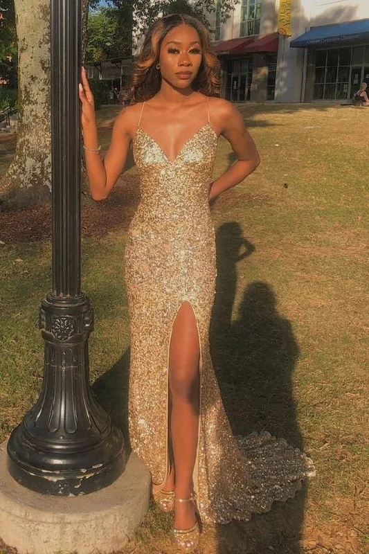 Friends and Family Sale mermaid gold sequin long prom dress with side slit,DS4437