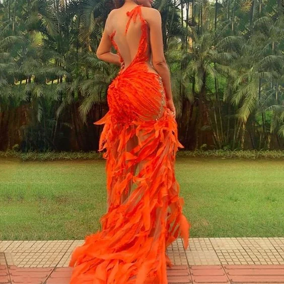 Flash Deals Sexy Cutout Orange Prom Dresses Tight Sheer High Low Jewel Neck Low Back Sleeveless Pageant Event Party Long Gowns,DS4174