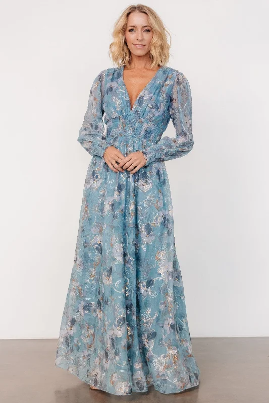 Overstock Sale Jolie Embroidered Tulle Dress | Blue + Gold Floral