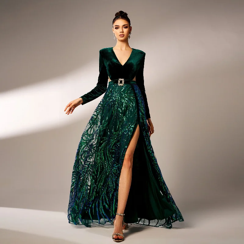 Value Deals High slit sequin long sleeve maxi dress