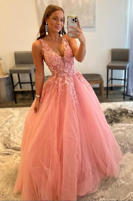 boho dressPink V-Neck Lace Long Prom Dress A-Line Graduation Dress,DP0121