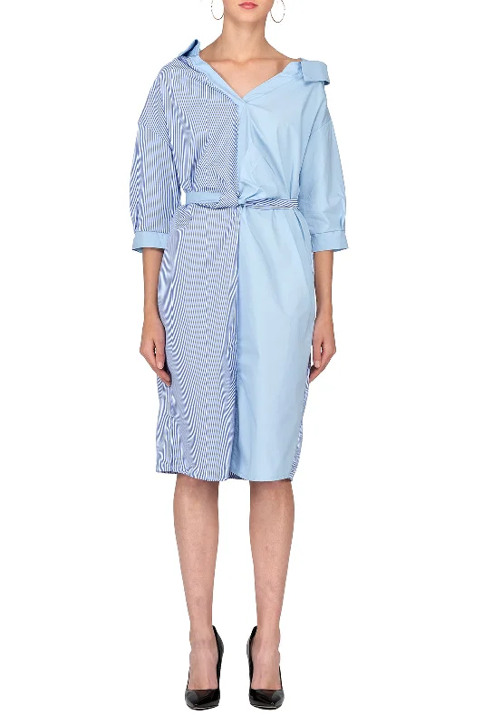 Mega Sale TWO PEARS-Half Sleeve Contrast Belted Draped Shirt Dress