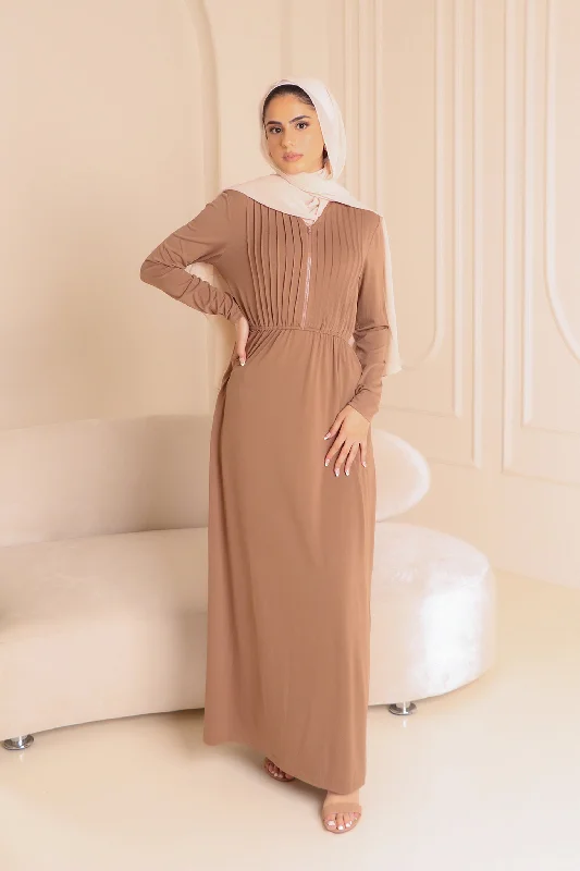 Can't Be Beat Tan Pleated Spandex Maxi Dress