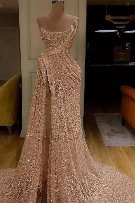 Reduced Prices Gorgeous Strapless Sequins Prom Dress Long Evening Party Gowns With Slit,F04847
