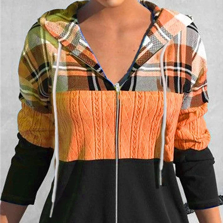 Extra Savings Women's Zipper Cardigan Hooded Plaid Printed Sweater