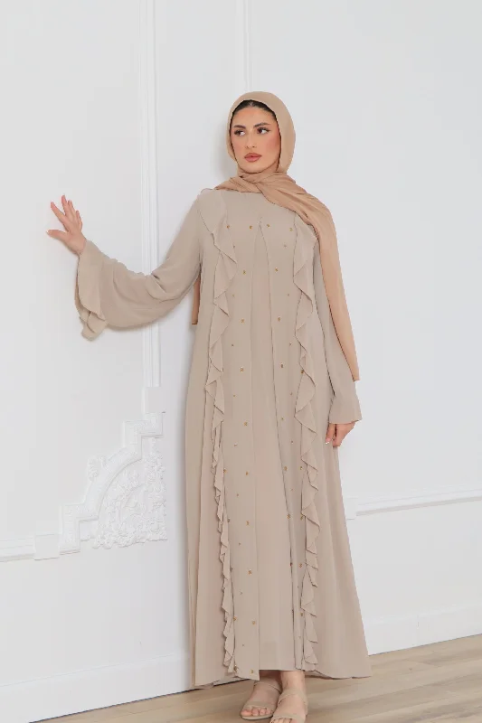 Sale Event Lamya Beaded Chiffon Abaya Set- Sand