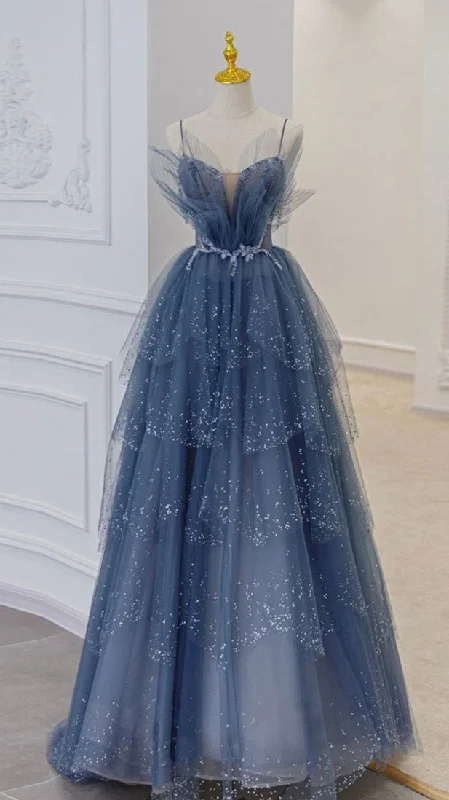 Unbeatable Prices blue tulle sequin long prom dress,DS4365