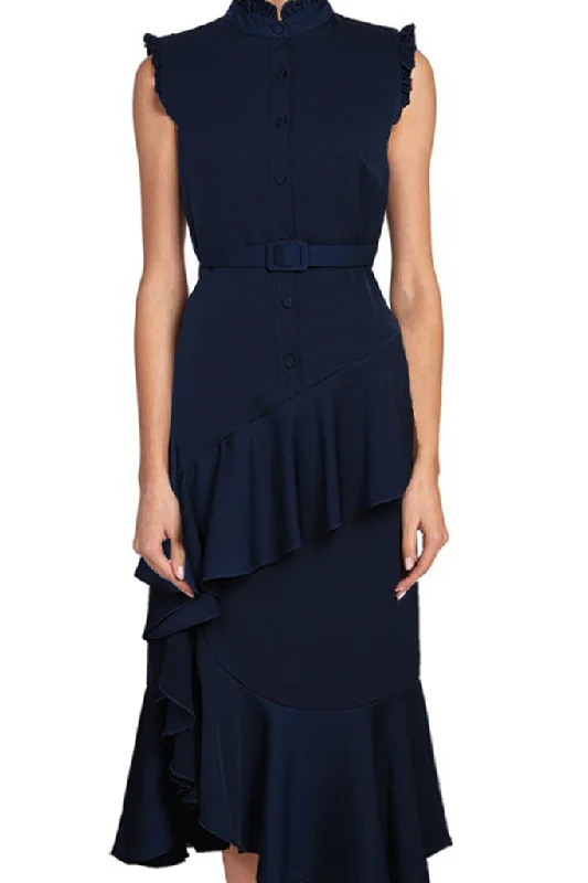 Special Price Sleeveless Waist Belted Button Front Ruffle Dress
