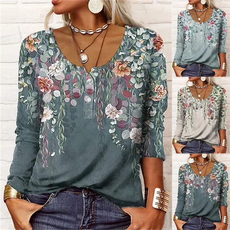 Shop and Save Women's Loose Long-sleeved Geometric Floral U-neck Button T-shirt