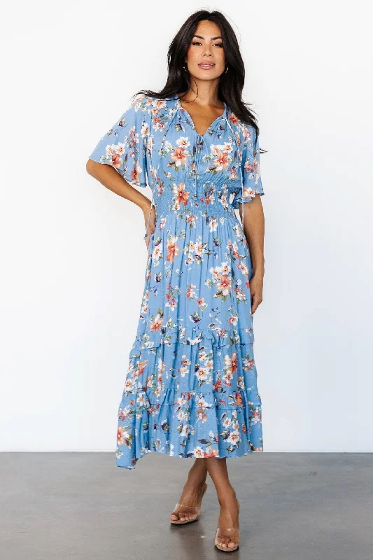 statement dressSpell Boho Midi Dress | Blue + Peach Floral