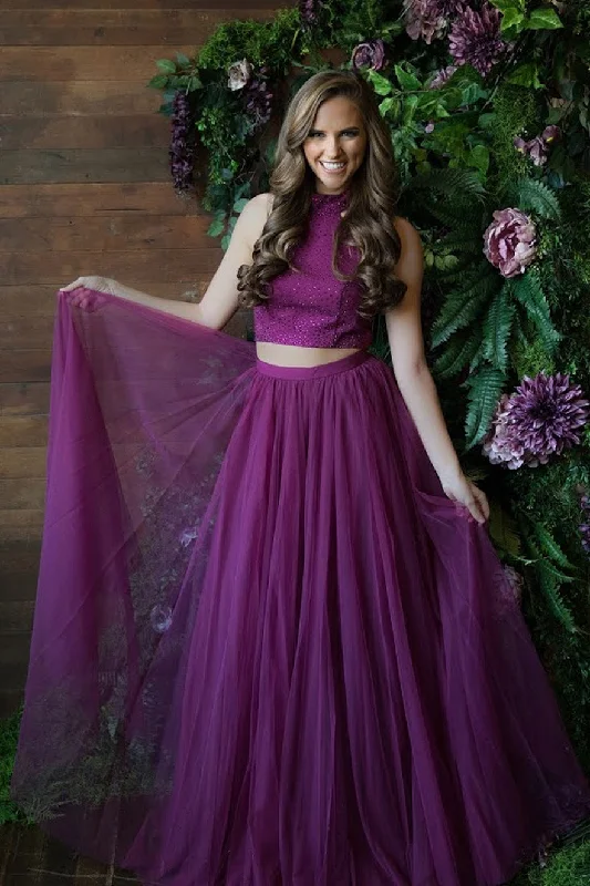 Shop and Save High Neck Prom Dresses,Two Piece Prom Dress,Purple Prom Gown,Long Prom Dress,DS4267