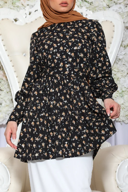 Exclusive Preview Floral Metallic Cuff Sleeve Top- Black