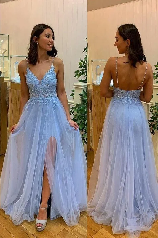Discount Days light blue long prom dress with side slit, 2022 prom dress with spaghetti straps,DS4540 Discount Days light blue long prom dress with side slit, 2022 prom dress with spaghetti straps,DS4540