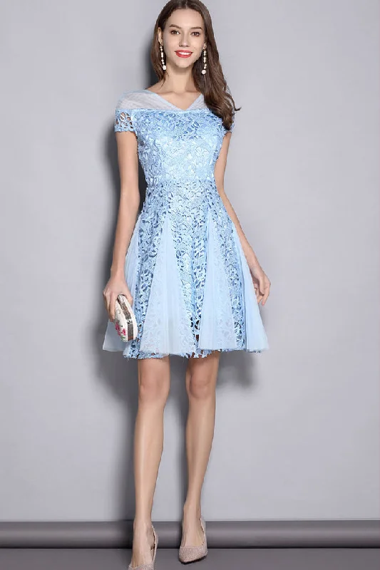 Lowest Price CAP SLEEVE CONTRAST HOLLOW OUT LACE A-LINE DRESS