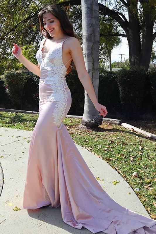 Hot Deal V Neck Backless Mermaid Pink Lace Long Prom Dress with Train, Mermaid Pink Formal Evening Dress ,DS4517