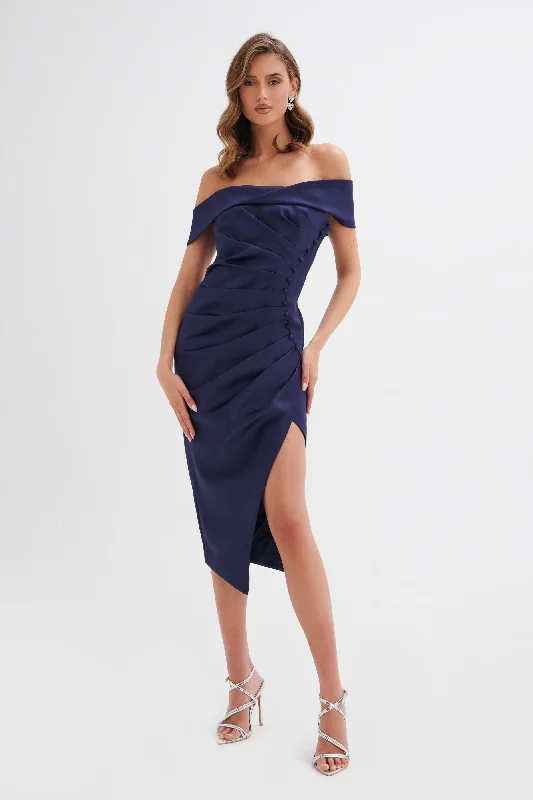 form-fitting dressLUCILLE Twist Bardot Pleated Midi Dress in Navy