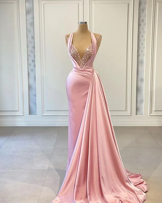 casual slip dressPink Mermaid V-Neck Sexy evening gown Prom Dress ,DS5034