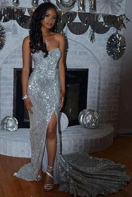 classic fit-and-flare dressShiny Silver Sequins Sweetheart Long Prom Dresses With Slit,DP0106