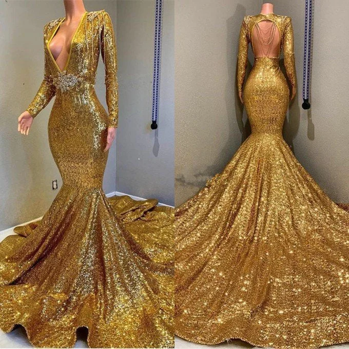 Buy More, Save More Gorgeous Gold Sequins Long Sleeves Prom Dress Mermaid Deep V-Neck,DS4647