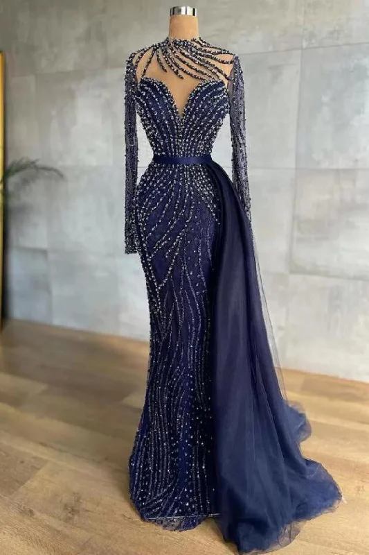 Don't Miss Stylish High Neck Navy Mermaid Evening Dress with Detachable Tulle Train Crystals Beads Long Prom Dress,F04833