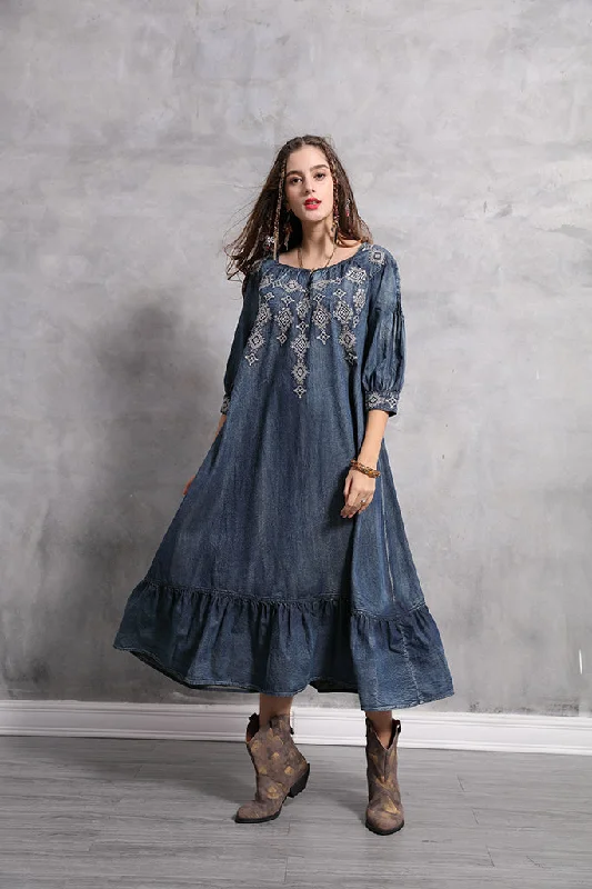 Price Buster 3/4 SLEEVE RUFFLE HEM  DENIM MAXI DRESS