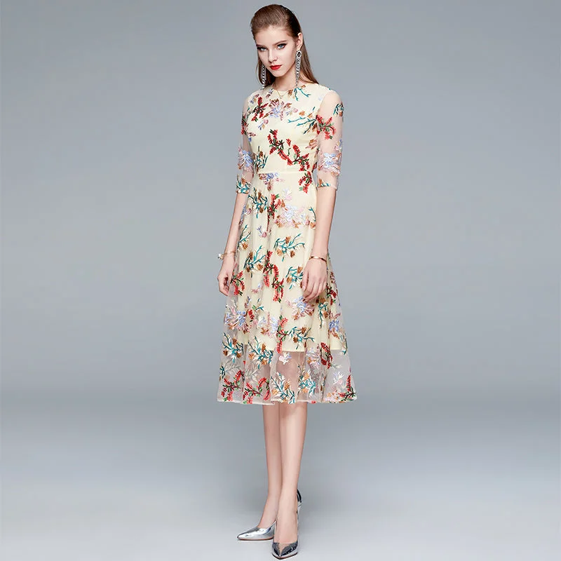 Early Bird Discount Beige Round Neck Half Sleeve A Line Floral Embroidered Slim Dress