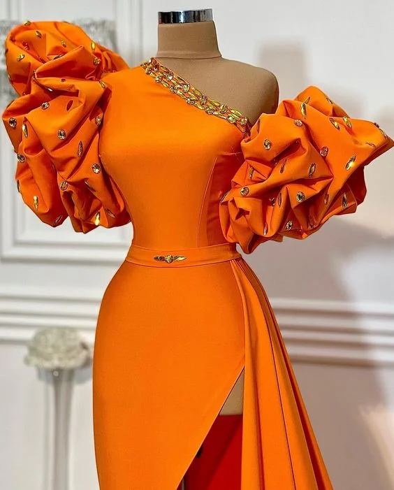 Unmissable Offer one shoulder unique evening dresses long orange beaded mermaid elegant simple formal evening gown vestidos de fiesta,DS4636