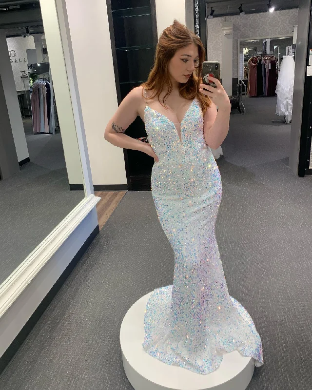 Buy More, Save More Mermaid White Sequins V Neck Long Prom Dress,DS3098