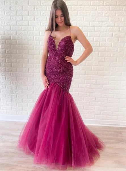 Price Smash PURPLE MERMAID BACKLESS TULLE SPAGHETTI STRAPS BEADING PROM DRESS,DS2981