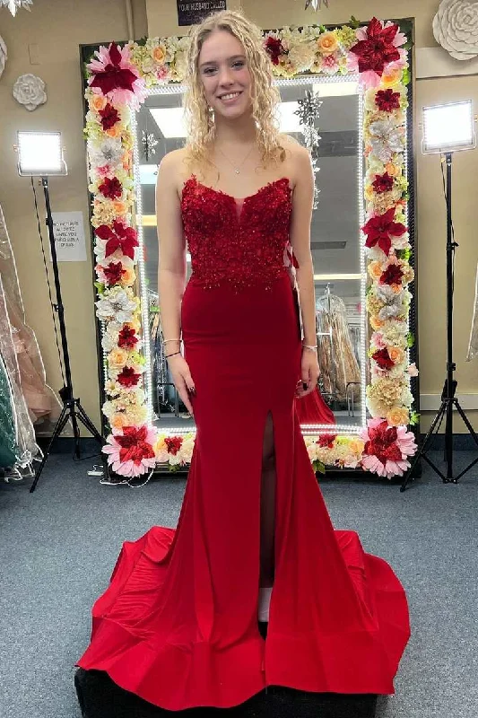 lace-up dressRed 3D Floral Lace Strapless Mermaid Long Prom Dress,DP052